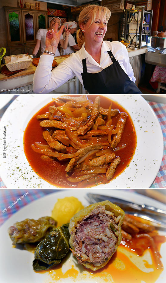 waitress at the Nanina Kuhinja, bell peppers stuffed with rice and minced meat and veal-based stir fry in a spicy paprika sauce