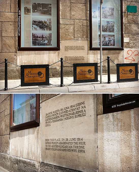 historic markers on the spot where Gavrilo Princip assasinated Archduke Franz Ferdinand of Austria and his wife Sofia