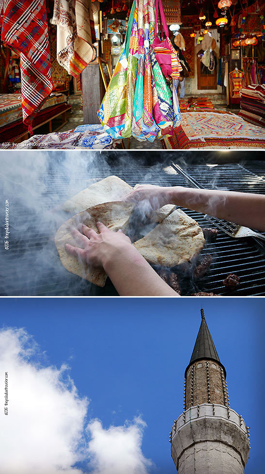 a storefont, a grill in a little restaurant and the minaret of the Gazi Husrev-beg mosque