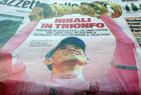 96th Giro d'Italia winner Vincenzo Nibali on the front page of the La Gazzetta dello Sport