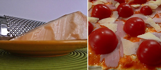 Parmigiano-Reggiano cheese placed around and in between tomatoes on piadina flatbread