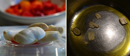 left: garlic cloves; right: garlic cloves toasting in olive oil