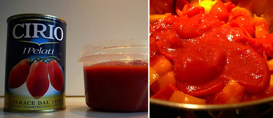 left: canned peeled tomatoes with liquid; right: canned peeled tomatoes added to bell peppers