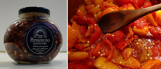 left: dried red pepper flakes; right: peeled tomatoes added to red bell peppers