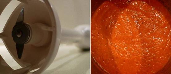 left: hand-held mixer-blender; right: pureed bell peppers