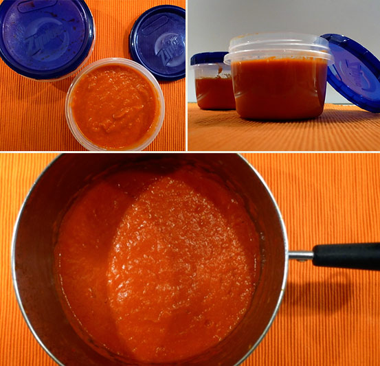 pot and storage containers filled with bell pepper sauce