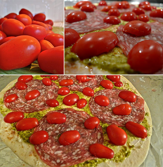 cut cherry tomatoes placed on top of piadina