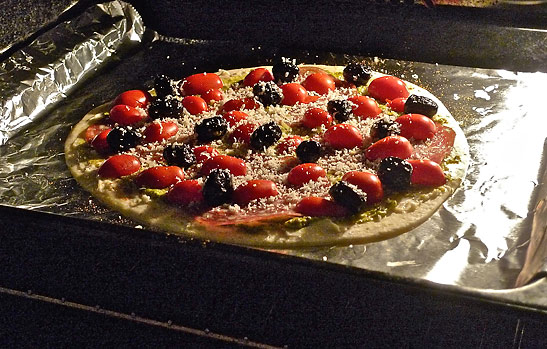flatbread pizza in the oven