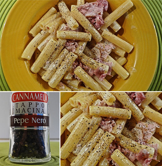 finished creamy prosciutto cotto arrosto pasta and black pepper