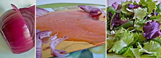 sliced red onion, smoked salmon and fresh baby greens