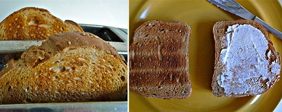 left: toasted Italian rustic sandwich bread; right: ricotta spread on toasted bread