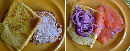 left: omelette laid over slice of toasted rustic bread; right: red onions added to panino