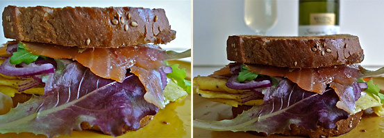 left: completed panino; right: completed sandwich with wine in the background