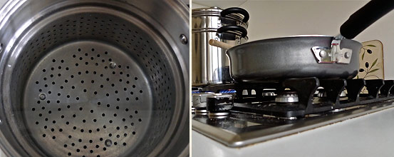 left: large pasta pot with built-in colander; right: pasta pot and skillet on the cooktop
