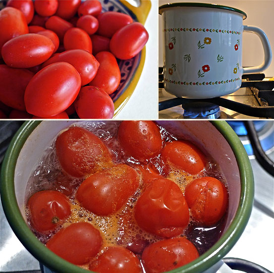 top: cherry tomatoes on a dish and potted on a stove; bottom: cherry tomatoes splitting in boiling water