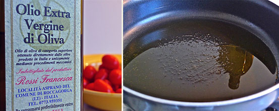 left: a bottle of virgin olive oil from Lazio, Italy; right: virgin olive oil on a skillet