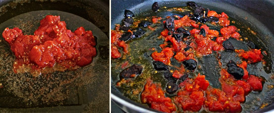 left: peeled and chopped tomatoes placed in the skillet; right: pomodorini and olives are merged