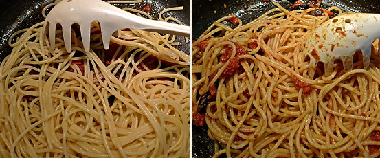 left: cooked spaghetti darined and placed in skillet; right: sauteing spaghetti in skillet