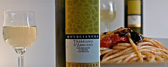 left: glass and bottle of Fontamara's Trebbiano D'Abruzzo DOC Quercianera; right: spaghetti plated and served with paired wine