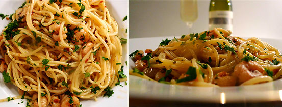 finished Spaghetti con Gamberetti in Aglio, Olio e Peperocino topped with chopped parsley