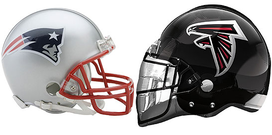 New England Patriots helmet Photo facing Atlanta Falcons helmet