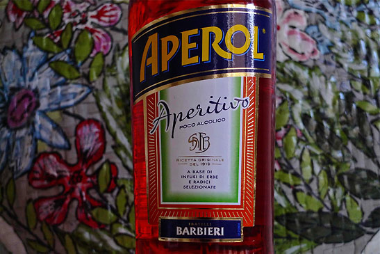 a bottle of Aperol, a low alchoholic drink from the Barbieri brothers