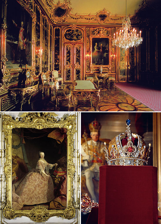 top: Schoenbrunn Palace; bottom right: Hapsburg crown at Schatzkammer Treasury in the Hofburg; bottom left: portrait of Empress Maria Theresia