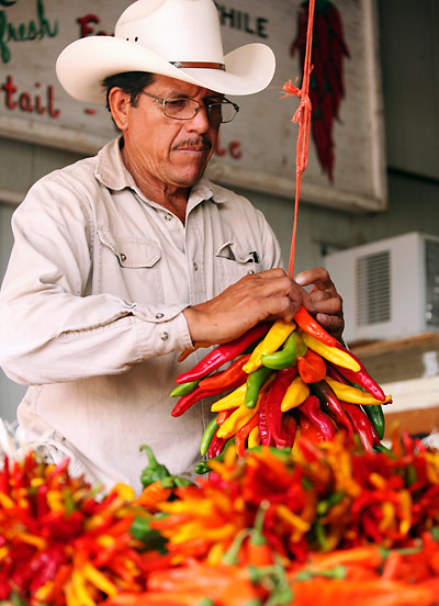 New Mexico man stringing together a bunch of brightly colored chilis