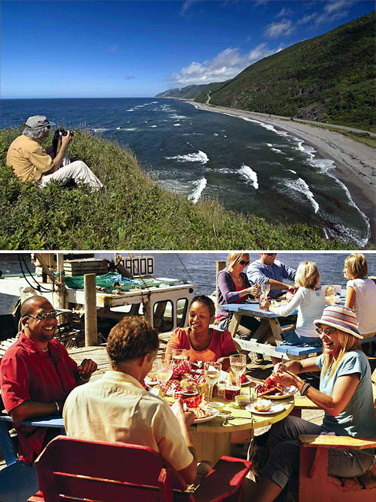 top: beach scene along the Cabot Trail, Novaa Scotia; bottom: seafood dining