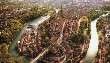 aerial view of Bern showing the Aare river