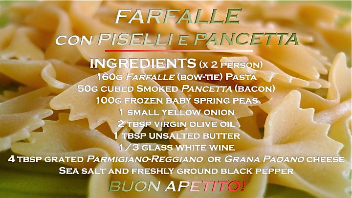 ingredients for Farfalle con Piselli e Pancetta
