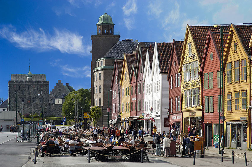 brightly painted character houses at the harbor front area of Bergen