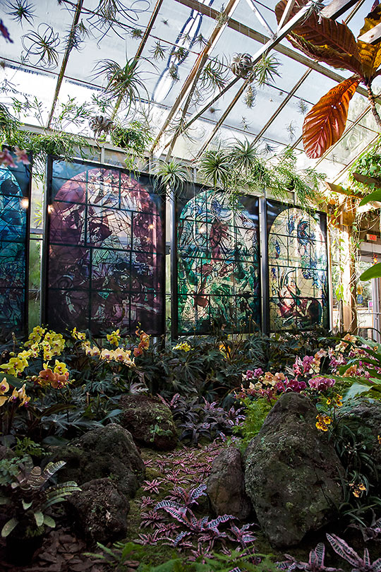 Reproductions of Marc Chagall stained glass panels in the Marie Selby Gardens conservatory