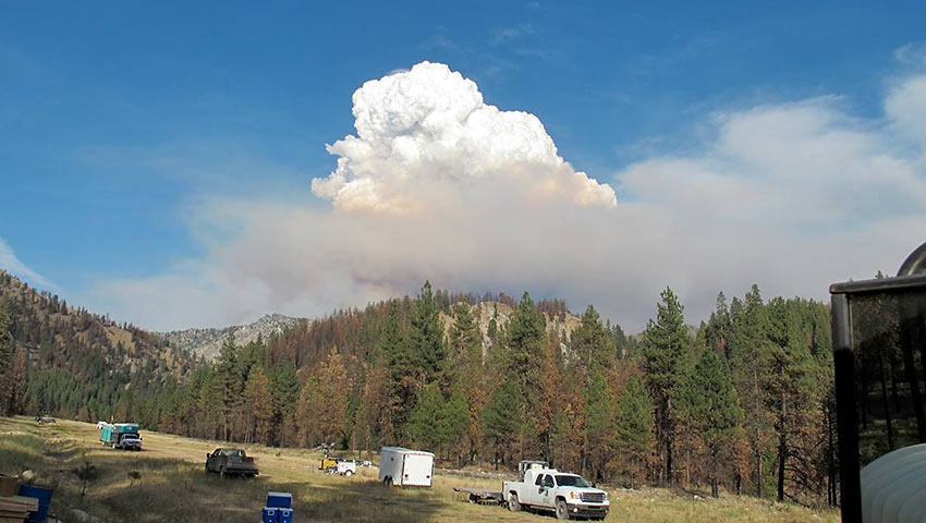 a pyrocumulus (or fire cloud) forms above the Little Queens fire