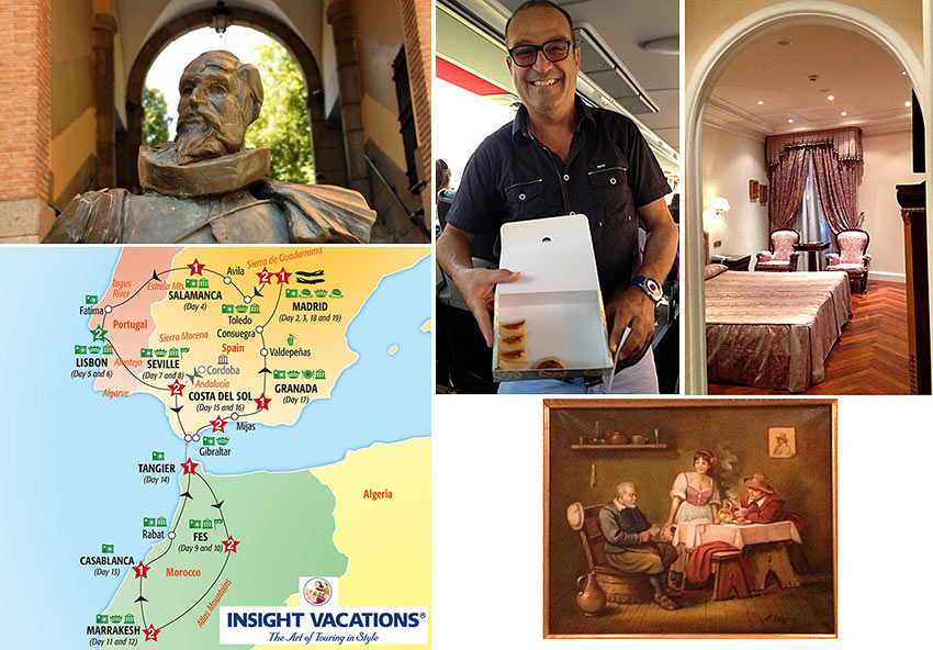 sculpture of Miguel de Cervantes in Toledo, Insight Vavations map of Spain-Portugal-Morocco tour, Toni Aguilar, inside one of the hotel rooms on the tour and oil painting in one of the hotels