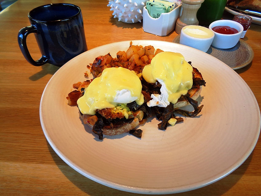 eggs Benedict with crab cakes at the Harvest Restaurant, The Ranch