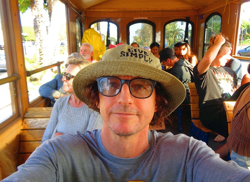 writer on a trolley to Downtown Laguna Beach