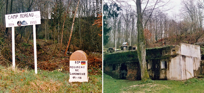 Camp Moreau roadway sign and concrete parts of the base used as both billets and storage space for ammunition