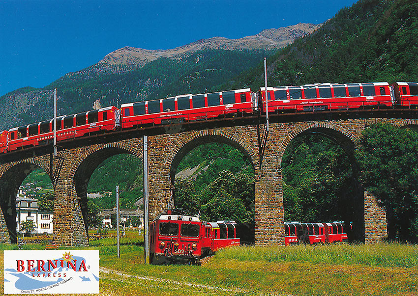 postcard of Bernina Express train at the Brusio Viaduct