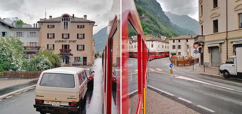 Bernina Express train passing through Tirano, Italy