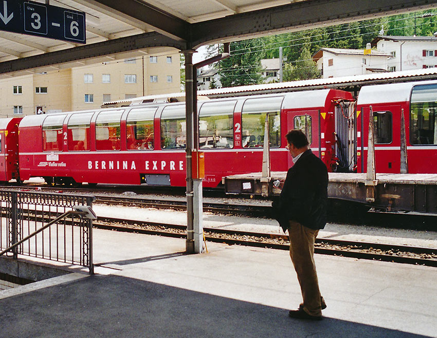 Bernina Express train at St. Moritz, Switzerland