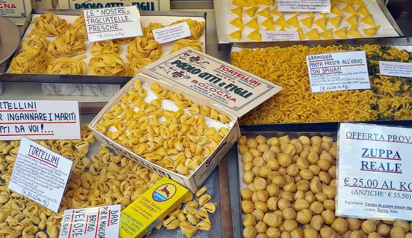 different types of pasta on display in Bologna