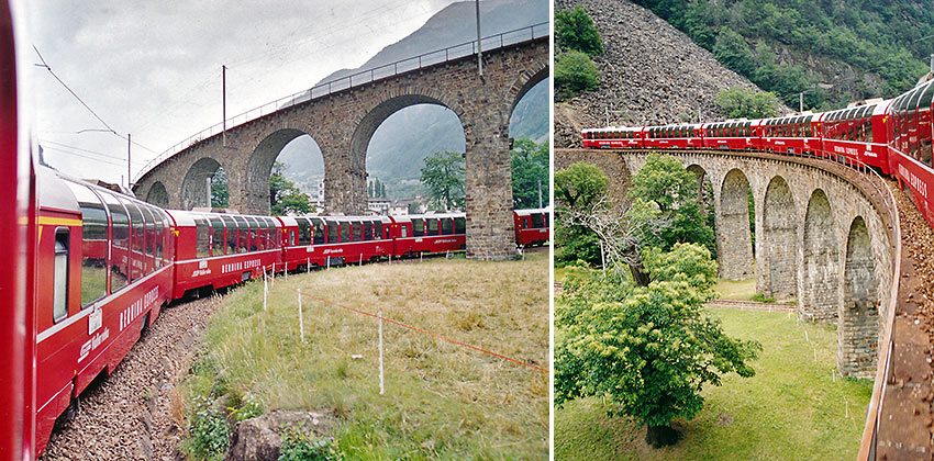 Bernina Express trains passing through Brusio Viaduct