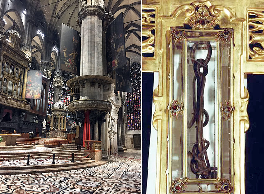 interior of the Duomo and a nail said to be one of the three used in Christ's crucifixion