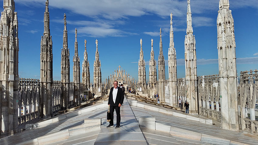 the writer at the top of the Duomo de Milano's terrace