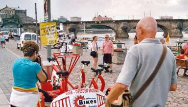 travel writers fascinated by a bicycle for 7, Dresden, Germany