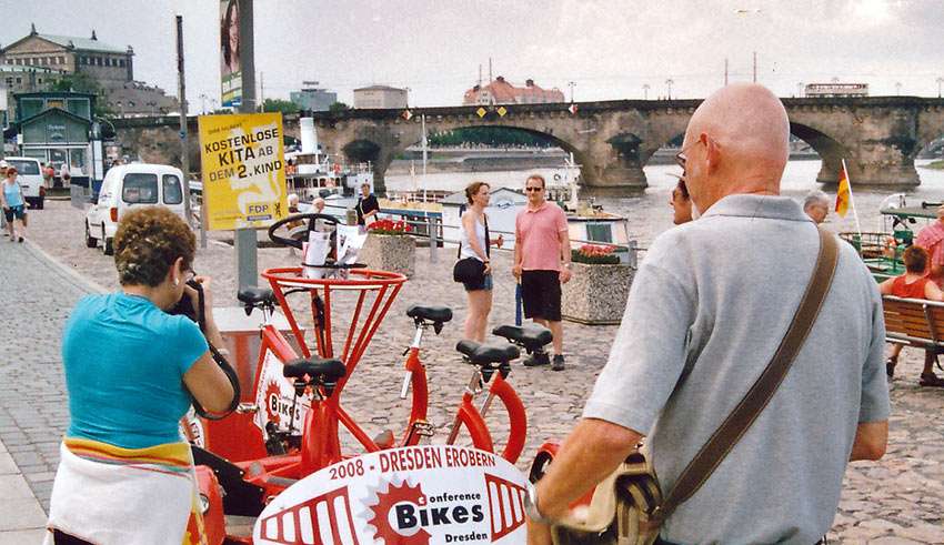 travel writers fascinated by a bicycle for 7, Dresden, Germany