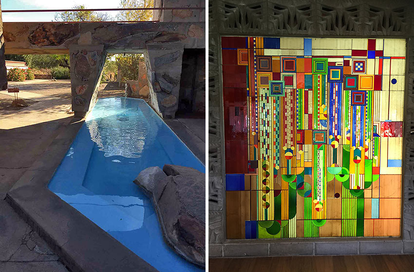 Wright utilized creative geometry at Taliesin West; stained glass window at Arizona Biltmore