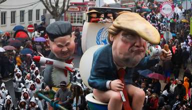 carnival chariot with figures of U.S. President Donald Trump and North Korean leader Kim Jong Un during a parade in Torres Vedras, Portugal