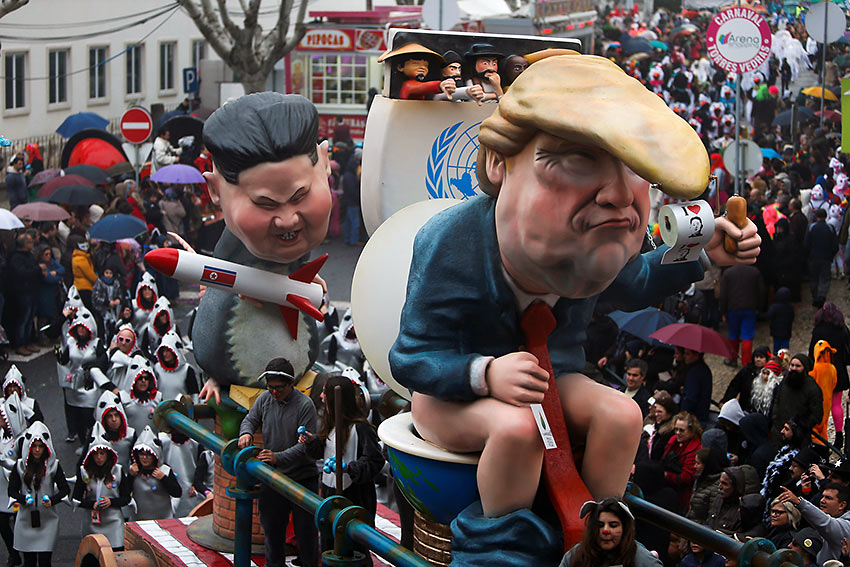 carnival chariot with figures of U.S. President Donald Trump and North Korean leader Kim Jong Un during a parade in Torres Vedras, Portugal